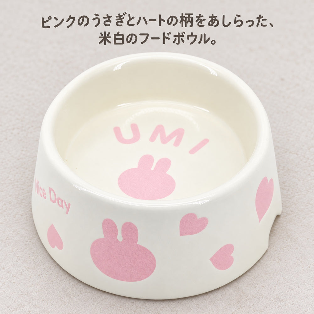 ピンクのうさぎとハート柄をあしらった米白のフードボウルの近接画像