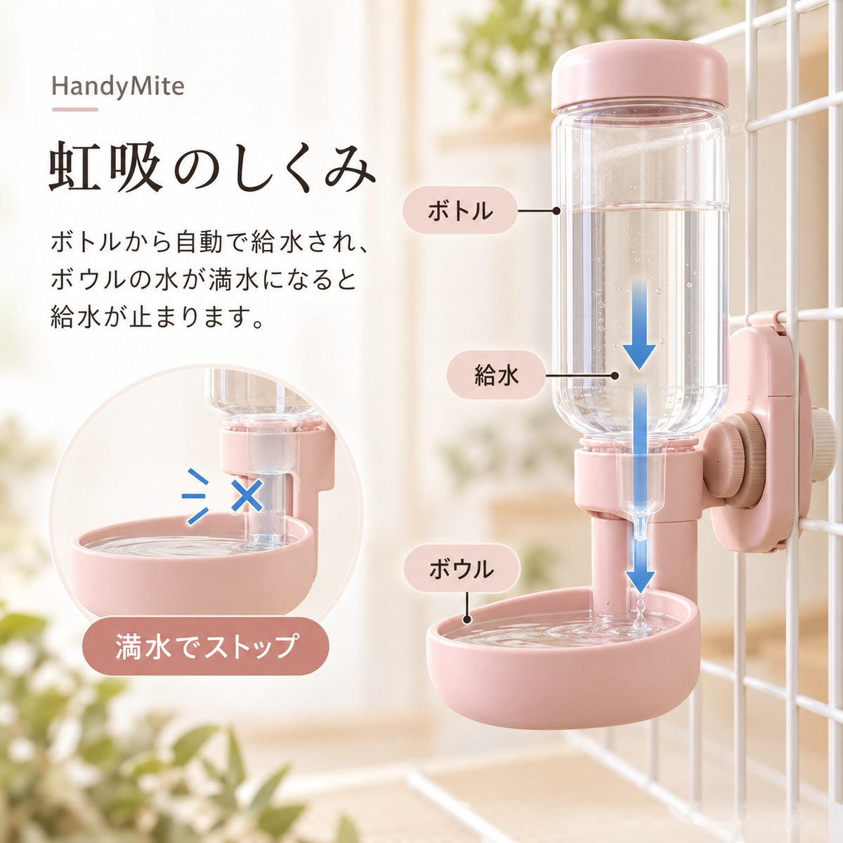 虹吸式の給水のしくみを説明するイメージ