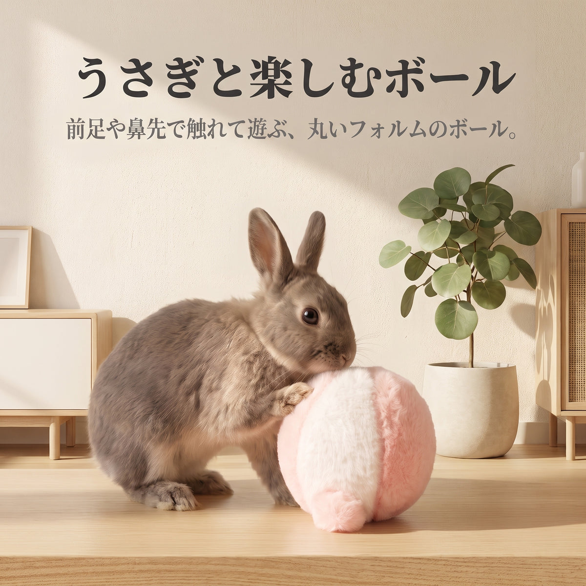 うさぎが前足と鼻先でピンクとホワイトのボールに触れる様子