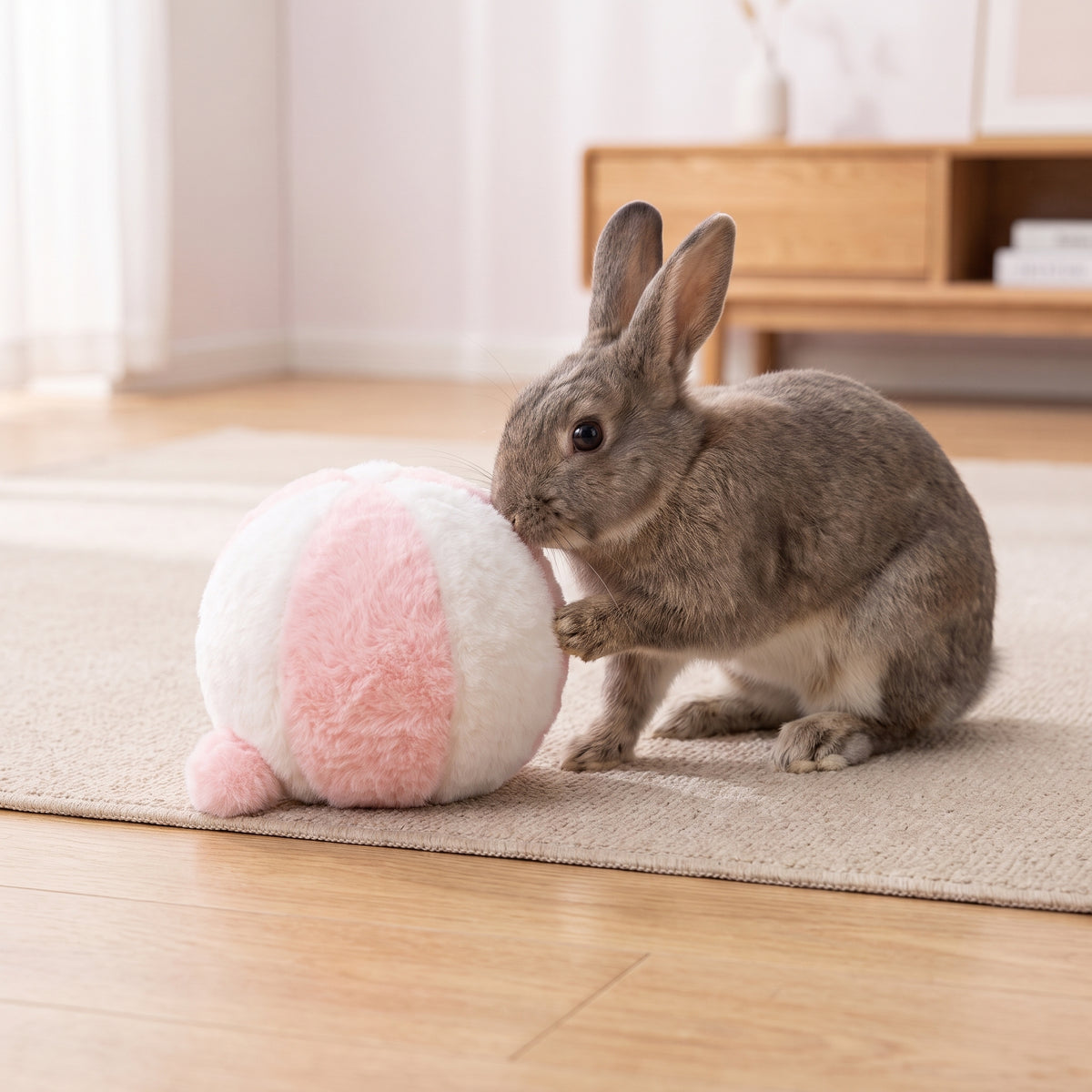 うさぎとピンクとホワイトのボールの室内シーン