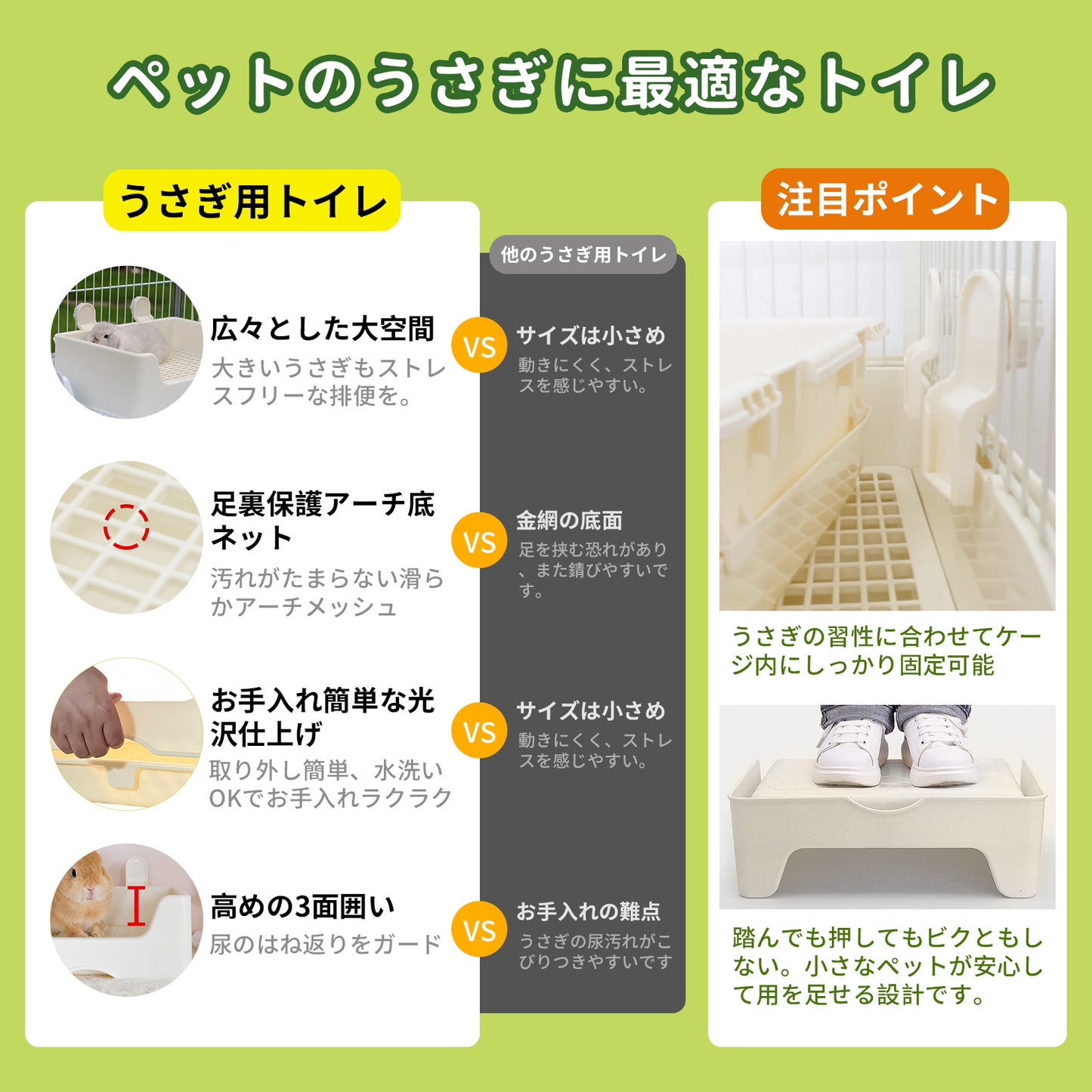 HandyMite うさぎ トイレ 大型 35×28cm 高ガード・おしっこ飛散防止 四角 広い 上下分離式 丸洗い PVCメッシュ ソアホック対策 専用ゴミ袋30枚付