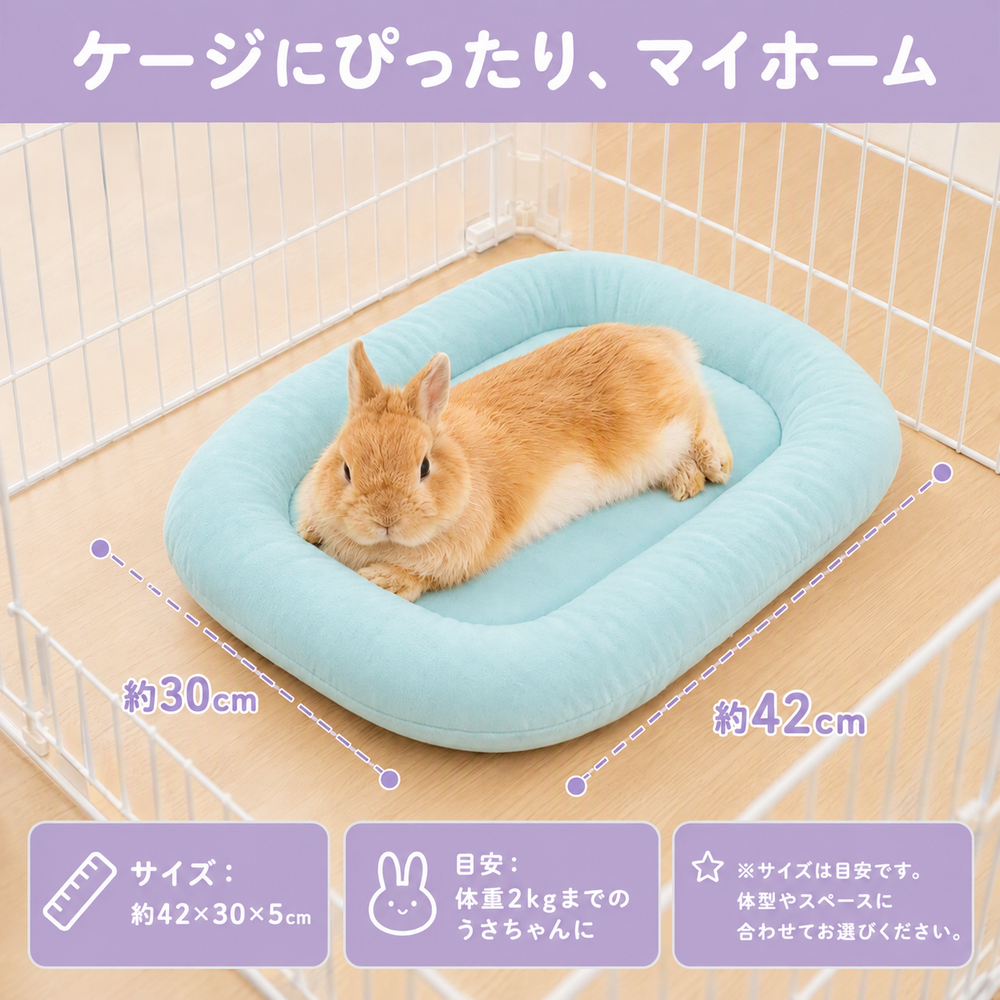 ミントブルーのクッションベッドの約42×30cmサイズ表示