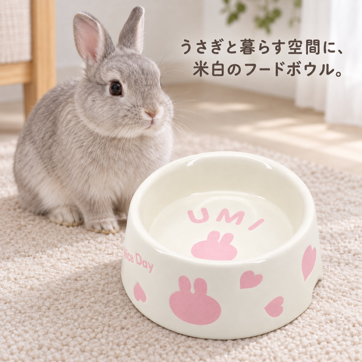 うさぎと暮らす空間に置いた米白のフードボウルのイメージ