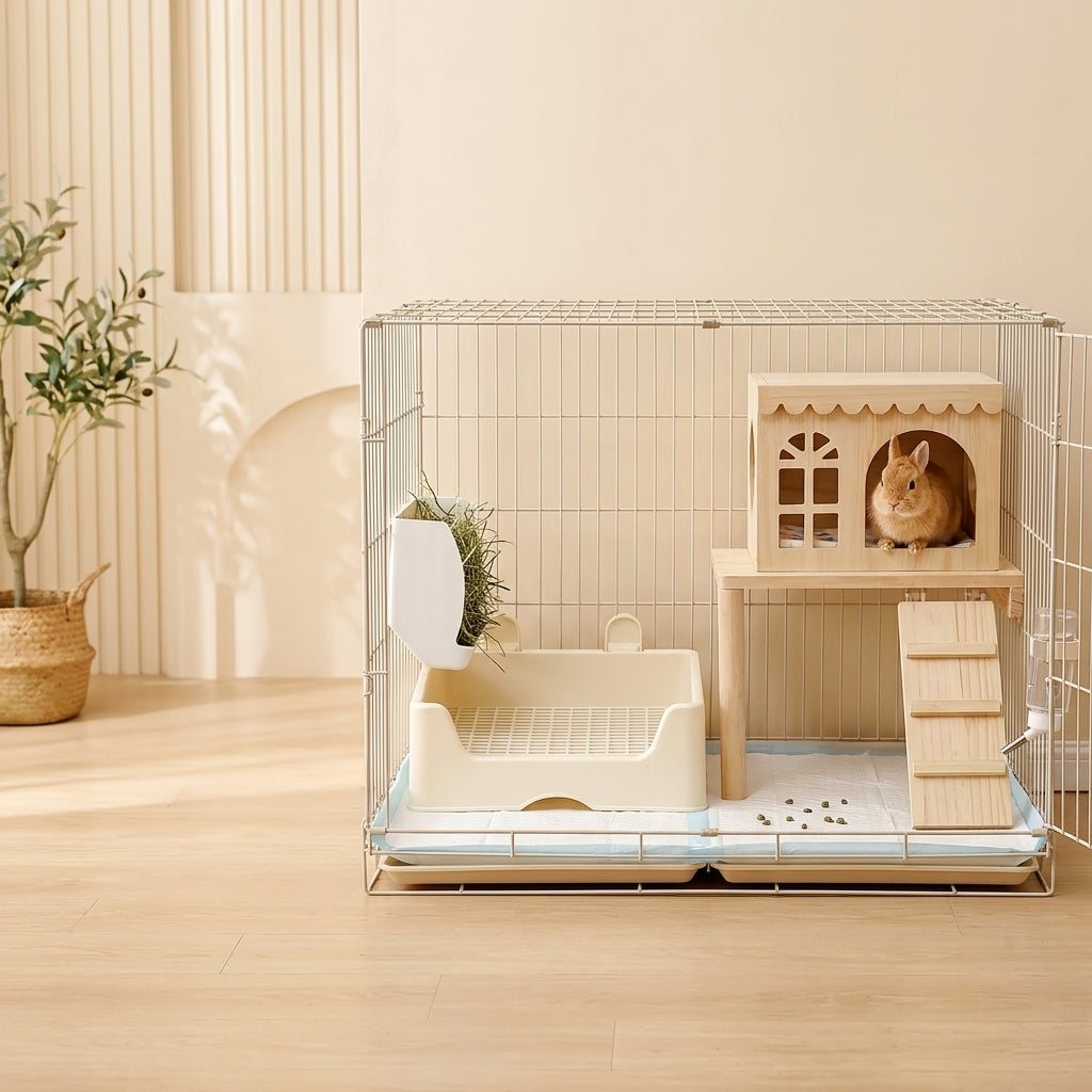 うさぎの暮らしに使う木製ハウスとケージのある空間